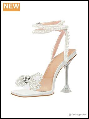 Rhinestone Bow Pearl Ankle Strap Square Toe Clear Heel Sandals